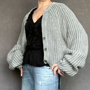 Free People Sweet Nothings Cardigan Grey Sz Large V Neck Chunky Knit Oversized